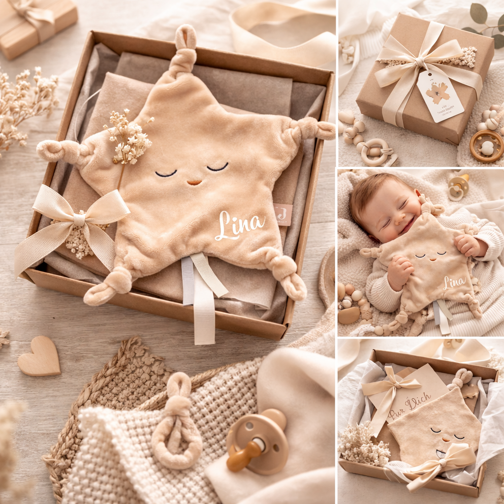 Personalisiertes Babygeschenk zur Geburt - Stern Schmusetuch mit Name - Geschenkbox Idee 
