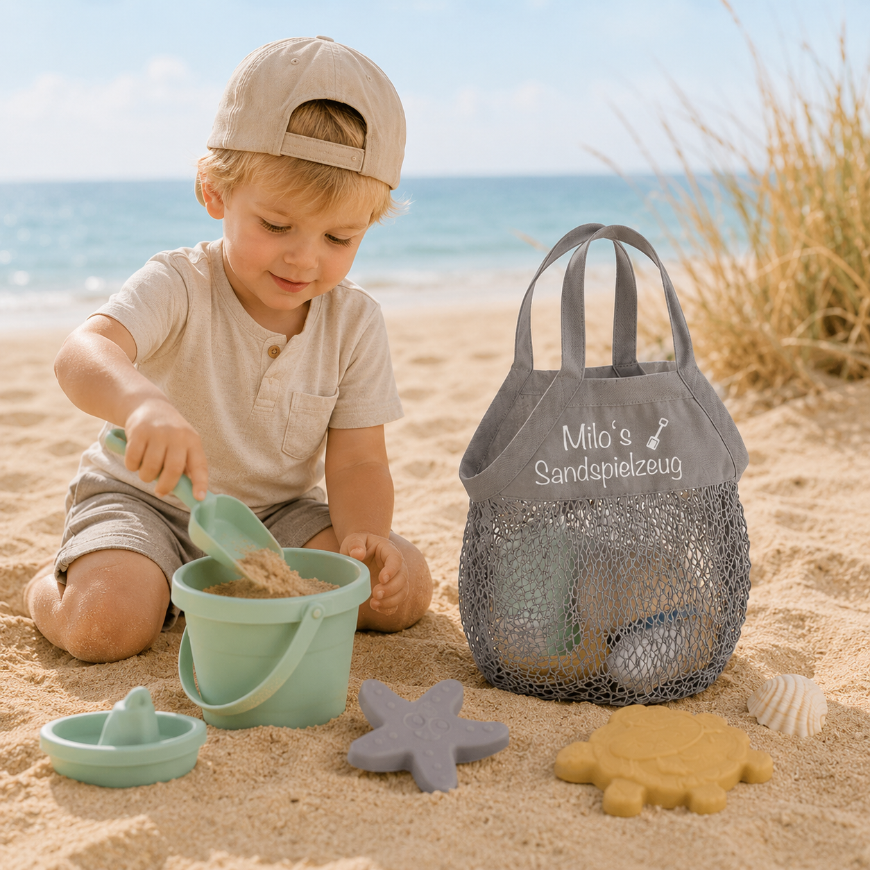 Graue Strandtasche für Kinder mit Wunschname und robustem Netzmaterial