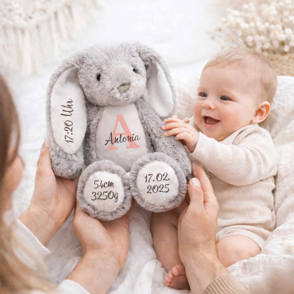 Grauer Kuschelhase Für Mädchen und Jungen - Persönliches Kuscheltier zum Geburtstag mit Name und Geburtsdaten 