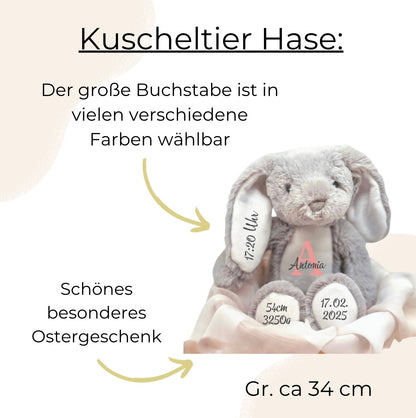 Graues Kuscheltier Hase – weiches Plüschtier als Geschenk zur Geburt oder Weihnachten
