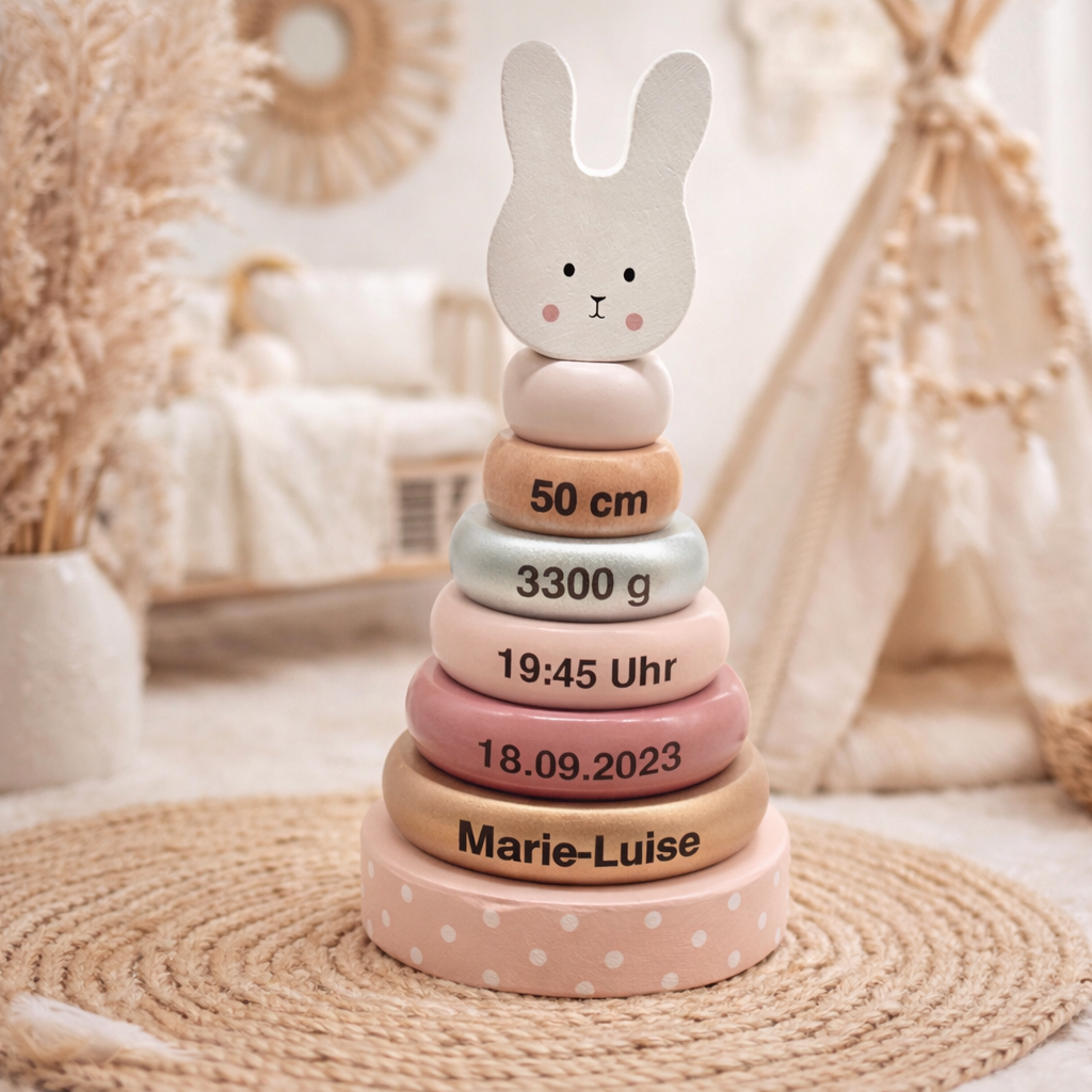 Mädchen Geschenk zur Geburt - Stapelturm Hase graviert mit Geburtsdaten Rosa, Gold, Beige 