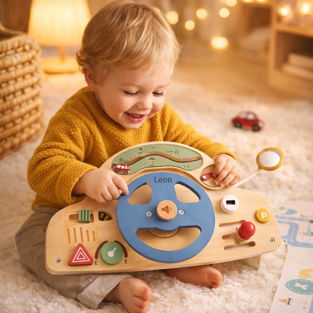Kind spielt mit graviertem Holzlenkrad im Kinderzimmer, perfektes Geschenk zum 1 Geburtstag