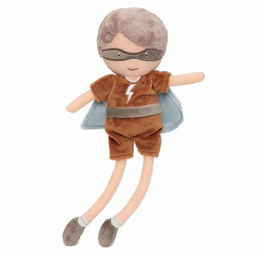 Individuell bedrucktes Kuscheltier Superheld in Blau-Braun – liebevolles Geschenk zur Geburt mit Namensaufdruck