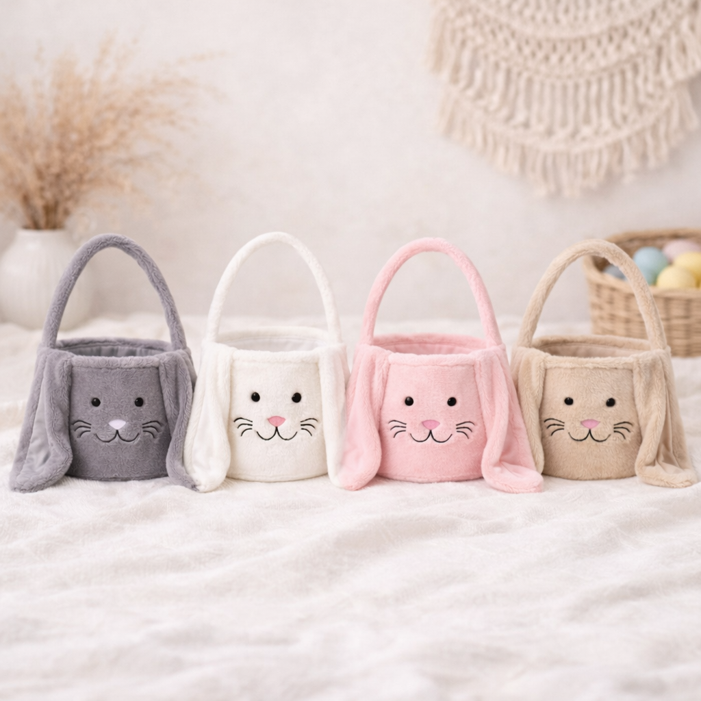 Weiche Osterkörbchen in vier Farben mit Hasenmotiv – perfekte Geschenkidee zu Ostern