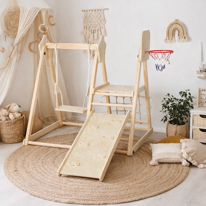 Holz Klettergerüst mit Rutsche und Schaukel im stilvollen Kinderzimmer im Boho-Stil