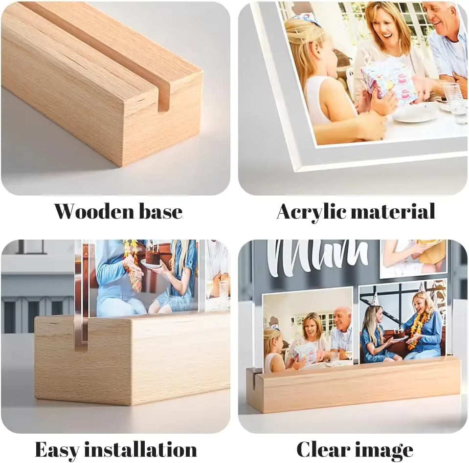 Holzsockel des Nachtlichtes für Kinder mit personalisierung des Namen auf Acrylglas