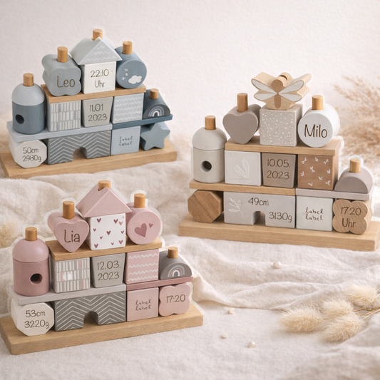 Holzspielzeug mit Name und Geburtsdatum, Stapelturm Stapelhaus mit Geburtsdaten, Geschenk zur Geburt 