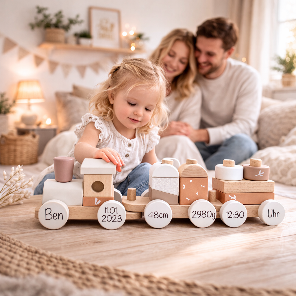 Graviertes Holzspielzeug für Mädchen und Jungen - Holzzug mit Name und Geburtsdaten - Geschenk zum 1 Geburtstag 