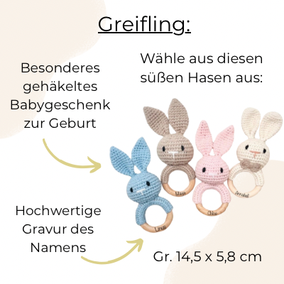 Personalized grasping toy with name / baby gift crocheted rattle | bunny