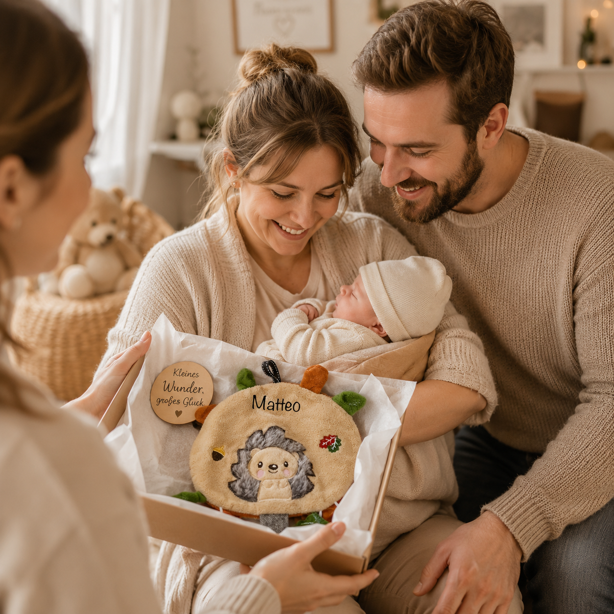     Personalisierte Baby Geschenkidee mit kuscheligem Igel Knistertuch in warmen Herbstfarben
