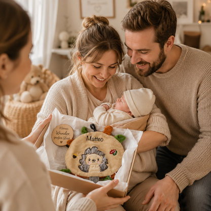     Personalisierte Baby Geschenkidee mit kuscheligem Igel Knistertuch in warmen Herbstfarben
