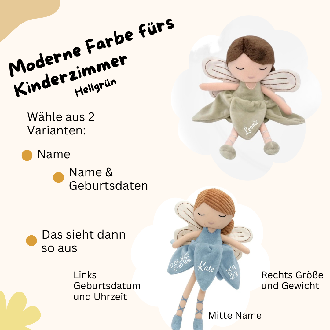 Individuell bedruckte Kuscheltier-Fee – personalisiertes Geschenk zur Taufe