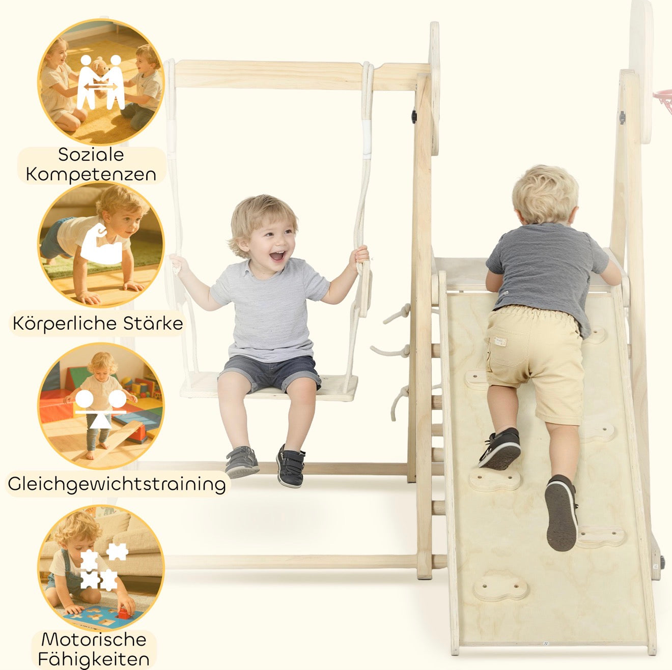 Indoor Klettergerüst für Kinder aus Holz mit Spielmöglichkeiten im Wohnraum