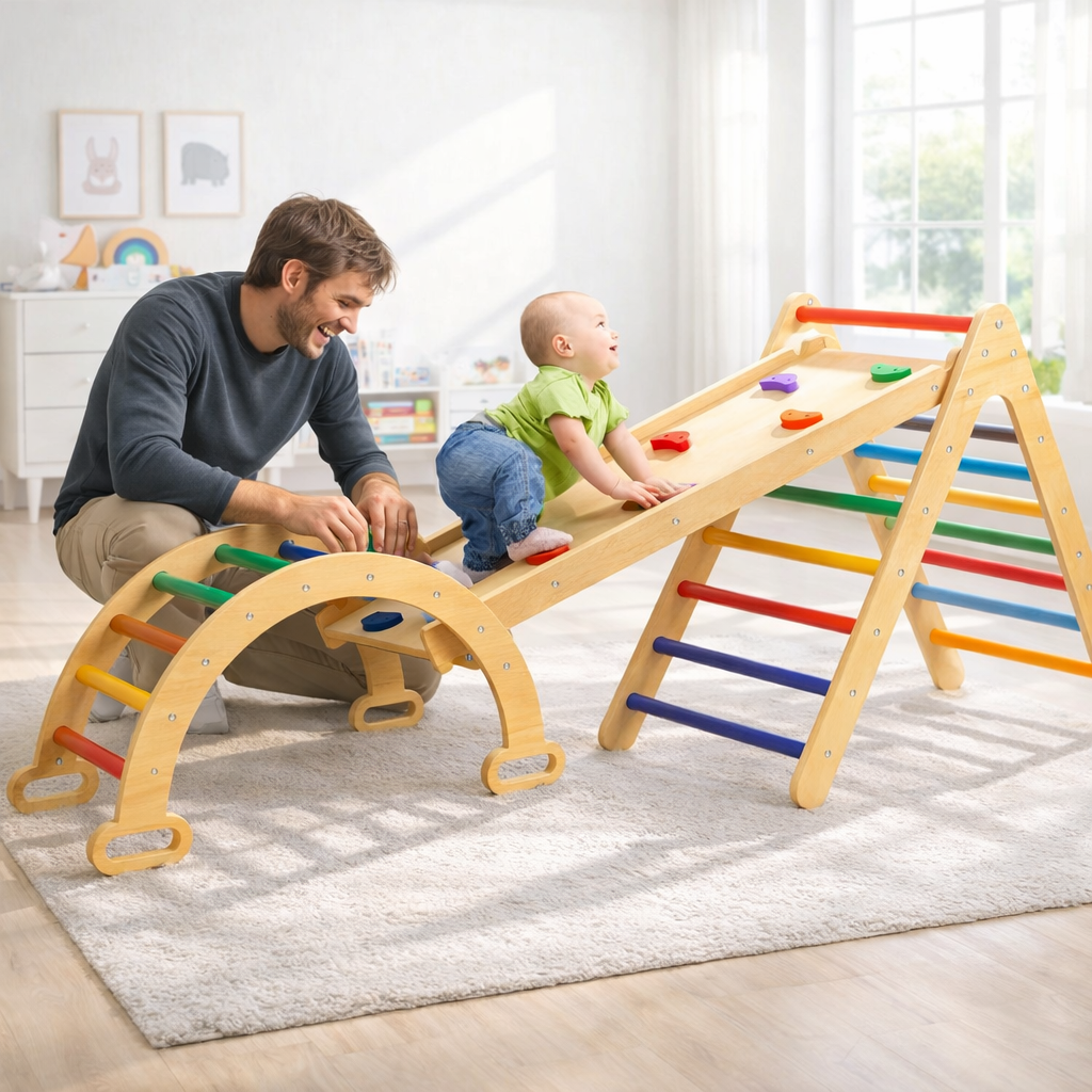 Indoor Klettergerüst für Kinder aus Holz, Nachhaltiges Spielzeug für Kleinkinder, Indoor Schaukel