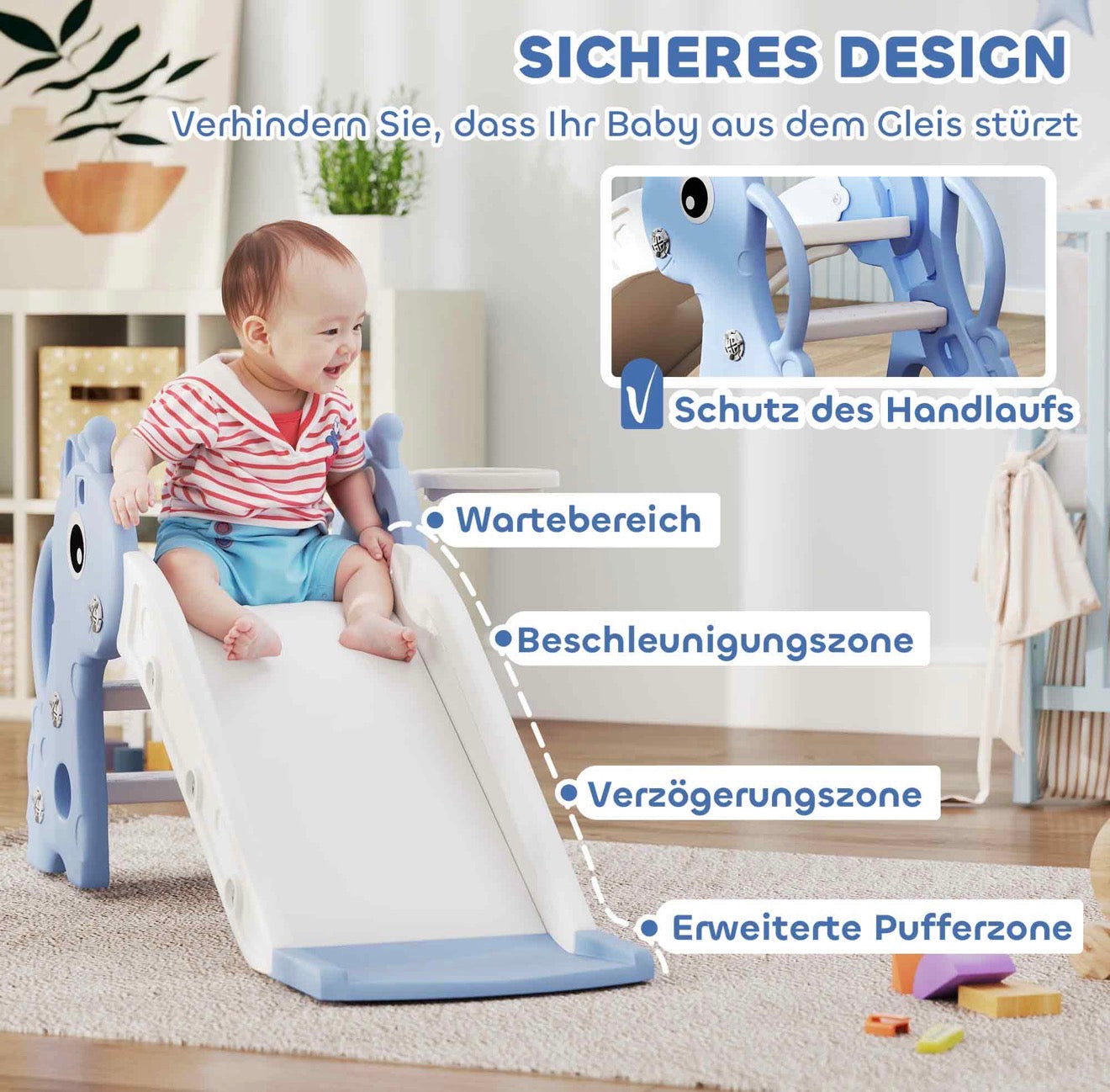 Indoor Spielgerät blaue Rutsche für Babys und Kleinkinder im Wohnraum