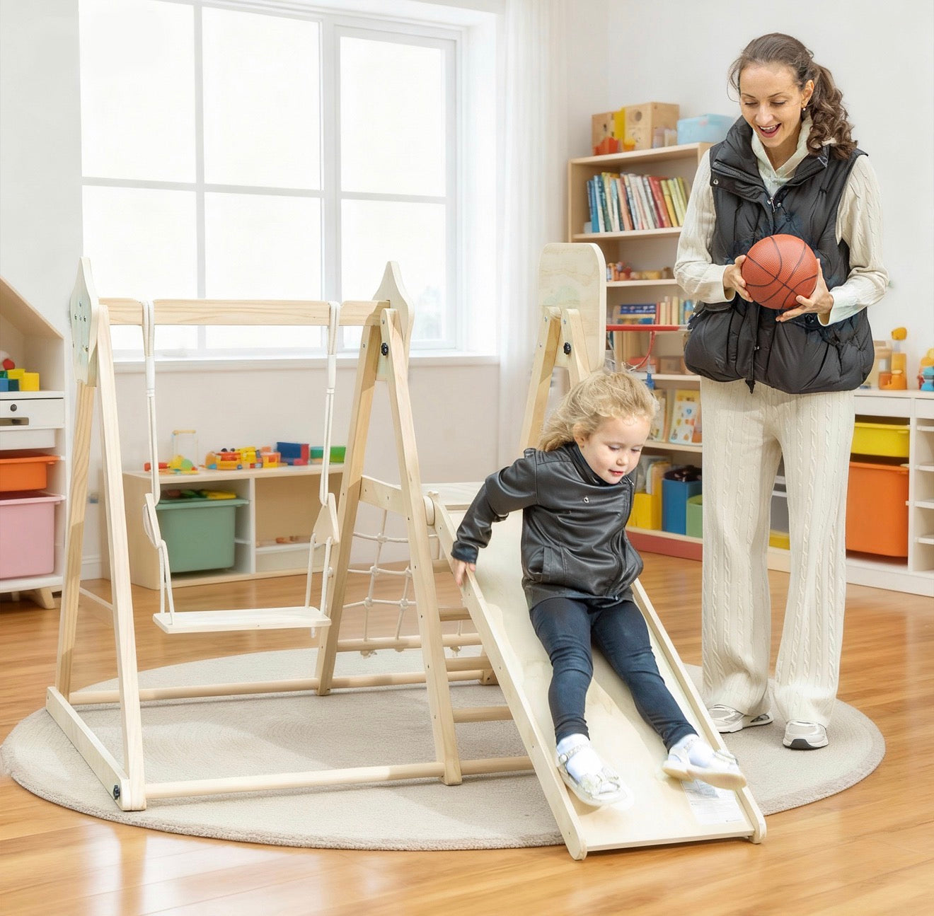 Indoor Spielturm aus Holz für Kinder mit Kletterwand, Rutsche und Schaukel