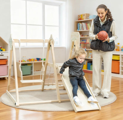 Indoor Spielturm aus Holz für Kinder mit Kletterwand, Rutsche und Schaukel