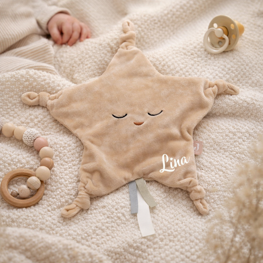 Jollein Schmusetuch Stern in Beige mit Name – personalisiertes Babygeschenk & Kuscheltier