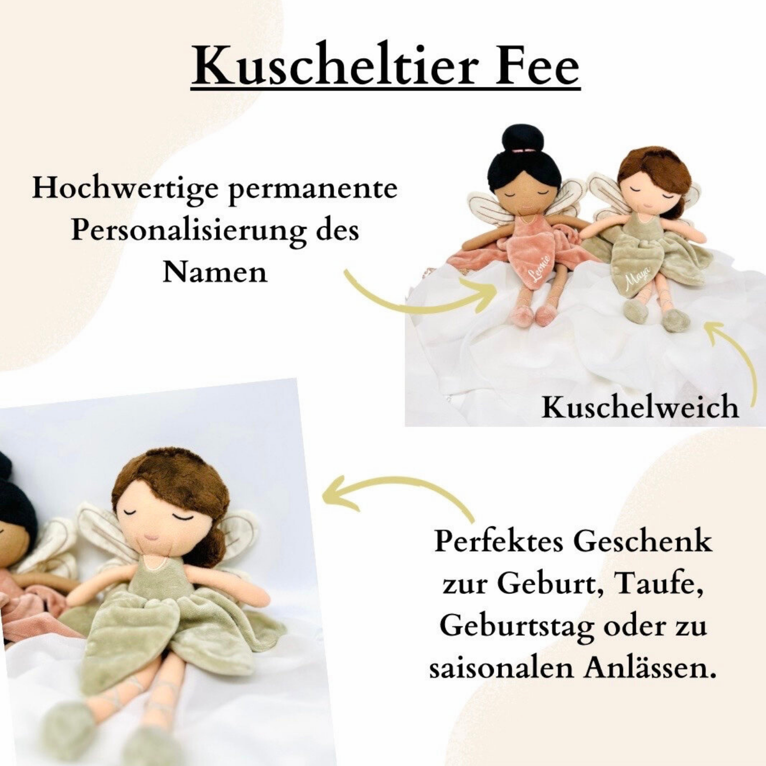 Kuscheltier Fee mit Name Personalisiert / Altrosa oder Hellgrün - einzigartigliebe