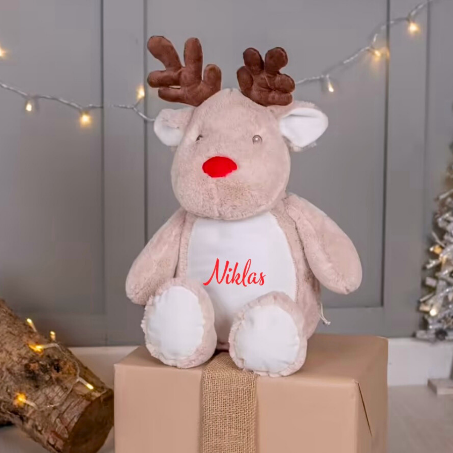 Kuscheltier Rentier personalisiert mit Name und Datum / Weihnachtsgeschenk - einzigartigliebe