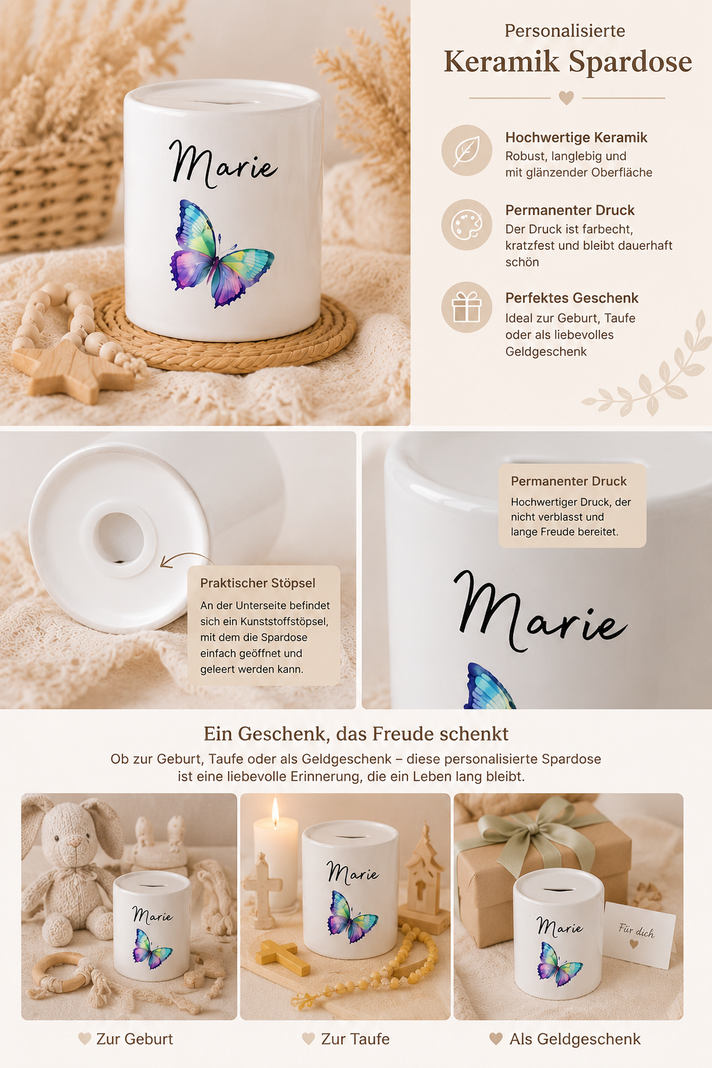 Detailansicht einer personalisierten Keramik Spardose mit dauerhaftem Druck, hochwertiger Keramik und praktischem Kunststoffverschluss auf der Unterseite – ideales Geldgeschenk zur Geburt, Taufe oder für Kinder.
