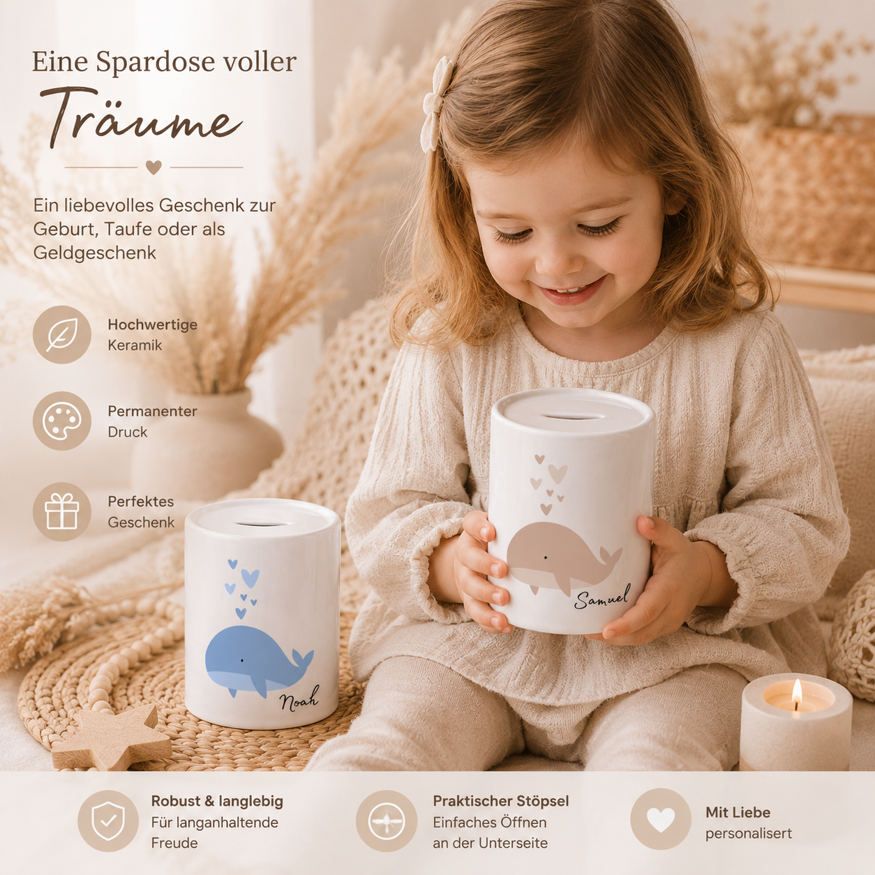 Keramik Spardose mit Wal und Name personalisiert – erhältlich mit beigem oder blauem Wal, hochwertiger Druck und Kunststoffverschluss auf der Unterseite.