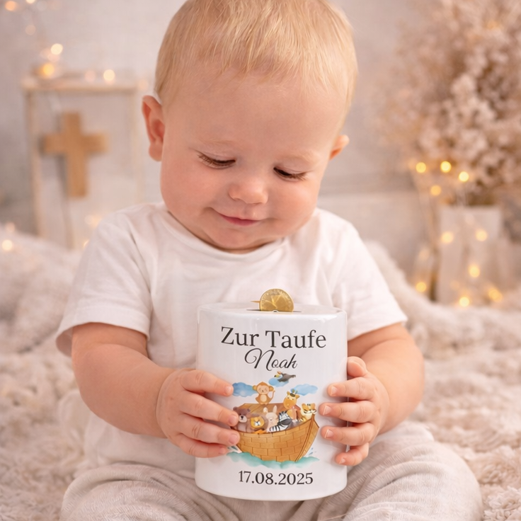     Keramik Sparschwein in Dosenform mit Arche Noah-Motiv, Name und Taufdatum – persönliches Taufgeschenk für Mädchen.
