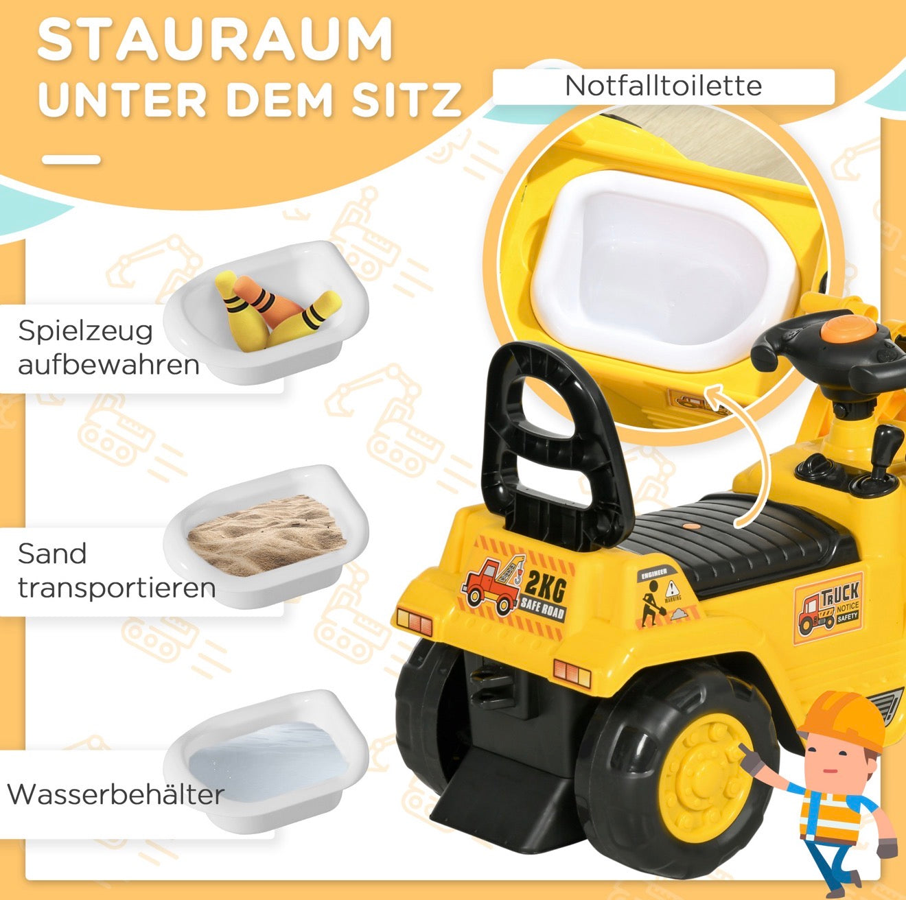 Kinder Bagger Rutschauto mit integriertem Stauraum unter dem Sitz zur Aufbewahrung von Spielzeug, Sand oder Zubehör.