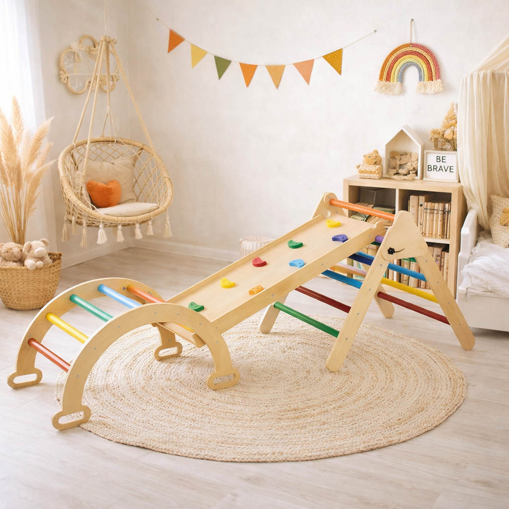 Kinder Klettergerüst Indoor aus Holz mit Rutsche, Kletterrampe, Dreieck und Schaukel, Geschenk zum 2 Geburtstag für Jungen und Mädchen 