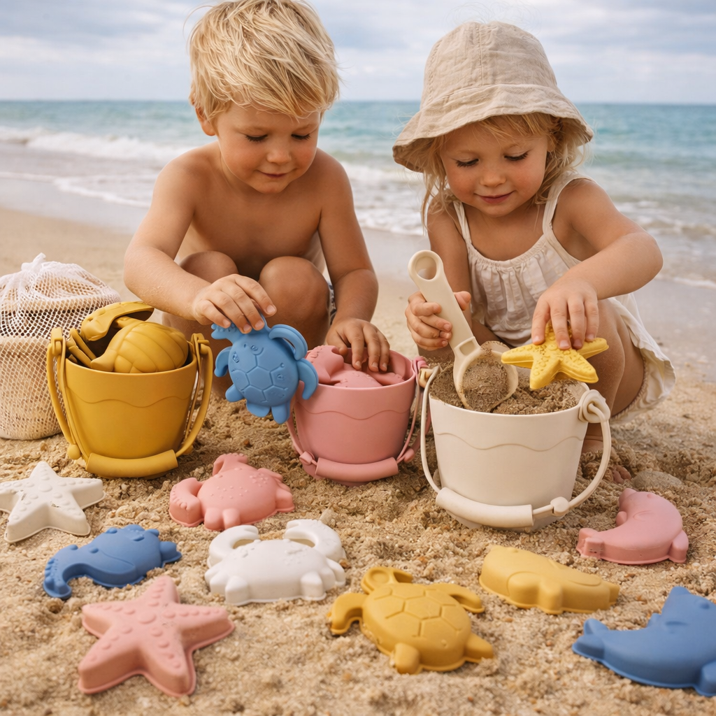 Kinder Sandspielzeug Set mit Eimer, Sieb und Tierformen aus BPA-freiem Silikon – perfekt für Strand und Sandkasten