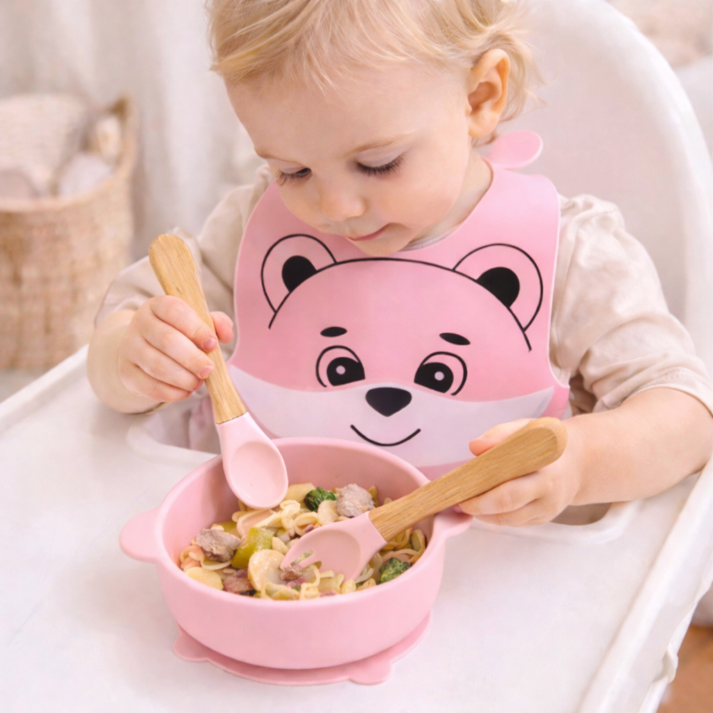 Kinder Besteck mit Schüssel und Lätzchen im Set in Rosa, Mädchengesteck zum 1 Geburtstag