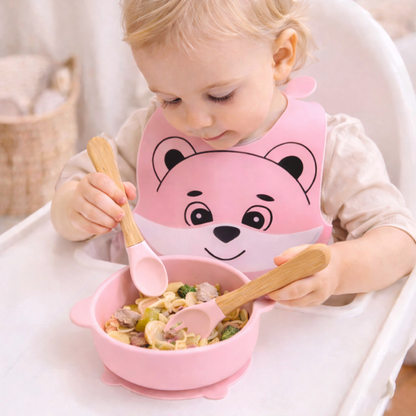 Kinder Besteck mit Schüssel und Lätzchen im Set in Rosa, Mädchengesteck zum 1 Geburtstag