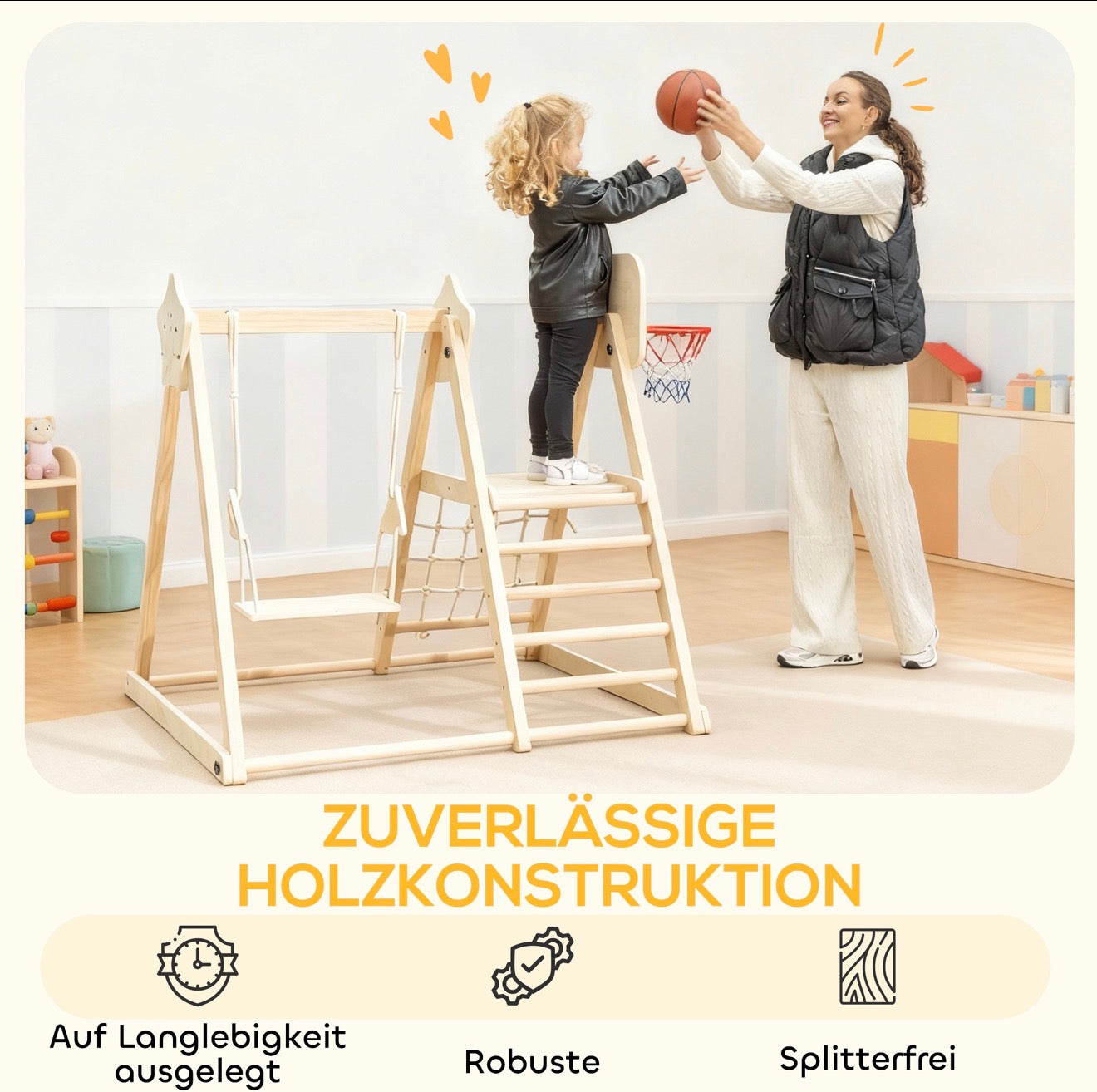 Kinder Spielgerät aus Holz mit Schaukel, Kletterrampe, Rutsche und Basketballkorb für drinnen