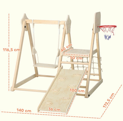Multifunktionales Kletterdreieck aus Holz mit Rutsche und Basketballkorb für Kinder