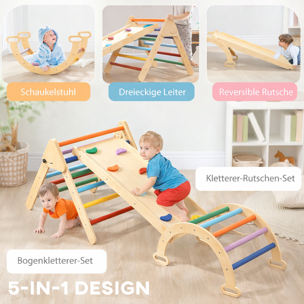 Indoor Klettergerüst mit Rutsche 5 in 1, Montessori Spielzeug für Kinder ab 2, Rutsche für Kleinkinder