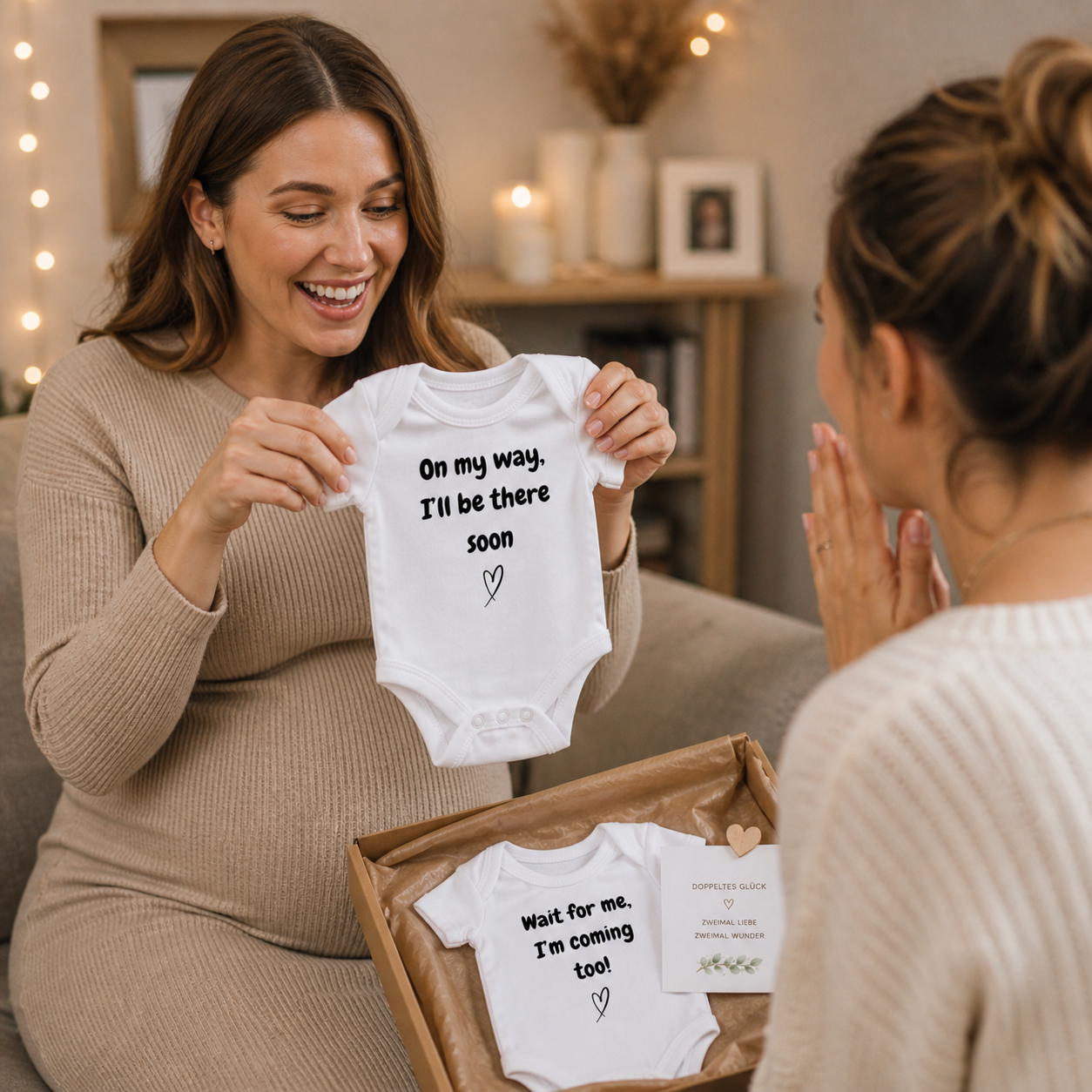 Frau liest Baby Body mit süßer Nachricht zur Schwangerschaft – kreative Idee zur Baby Ankündigung