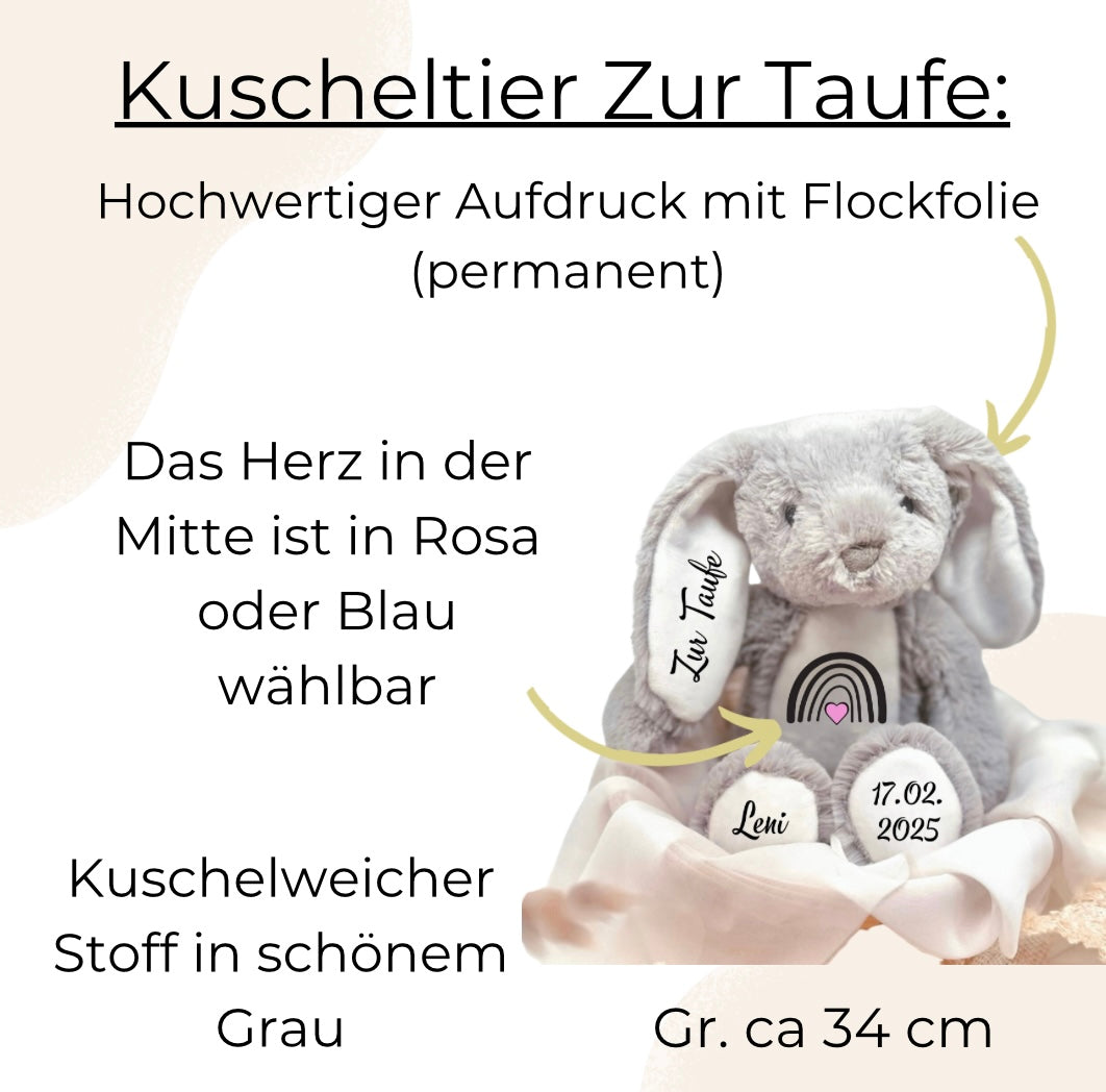 Kuscheltier Hase aus weichem Plüsch – grau, 34 cm groß, mit individueller Bedruckung zur Taufe