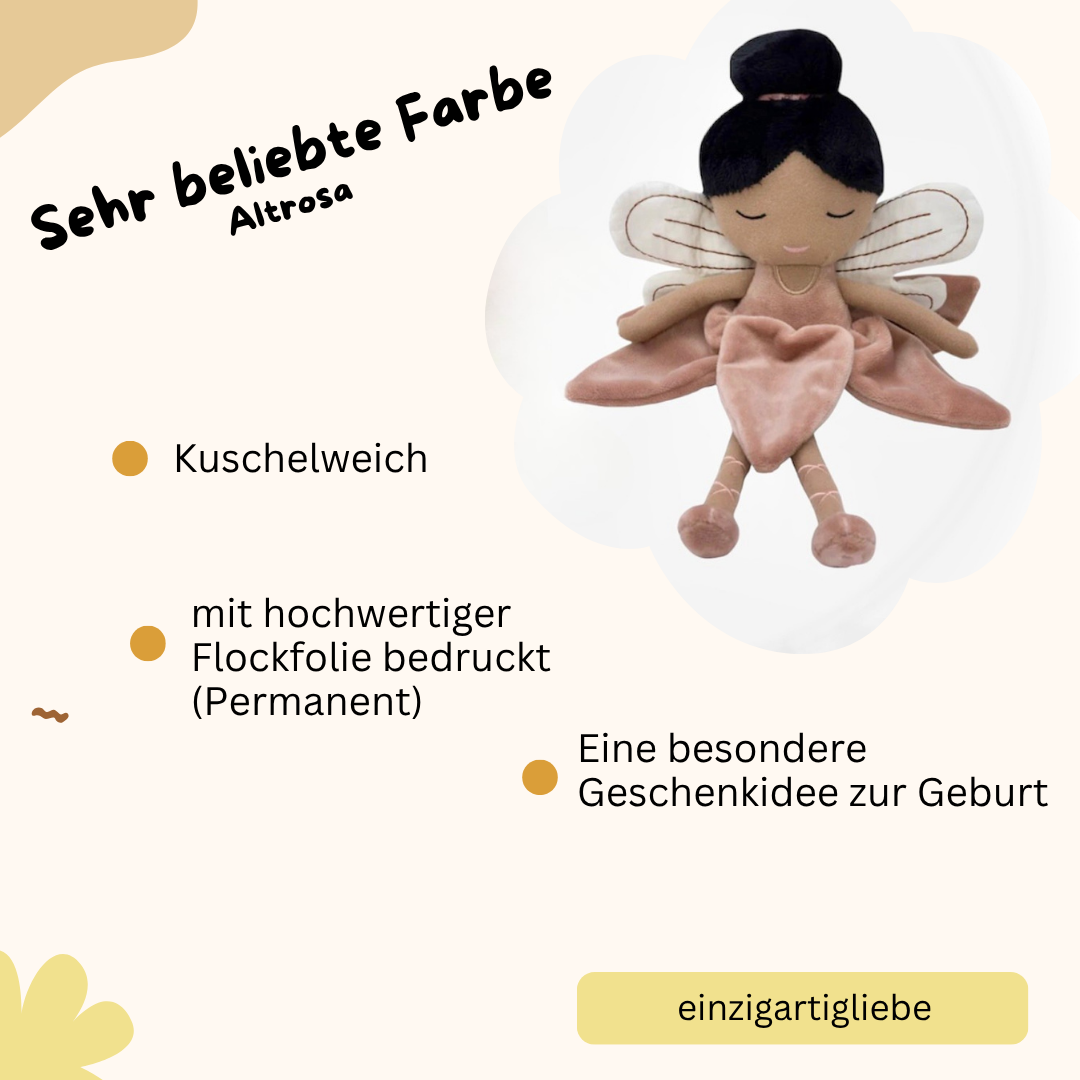 Kuscheltier Fee in Altrosa mit Namensaufdruck – zauberhaftes Geschenk für kleine Prinzessinnen