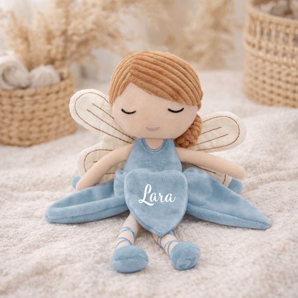 Jollein Fee Kuscheltier in Blau mit blonden Haaren – personalisiert mit Name