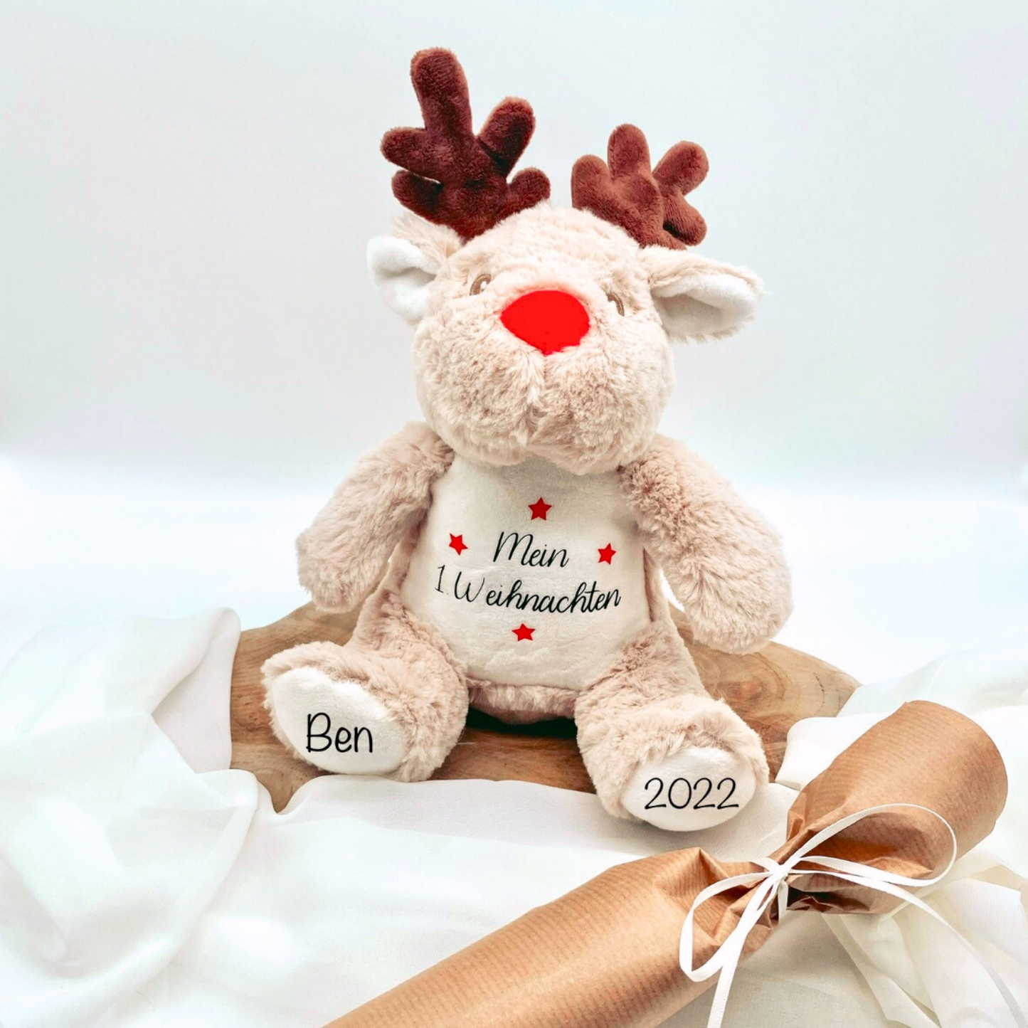 Kuscheltier Rentier personalisiert mit Name und Datum / Weihnachtsgeschenk - Kinder