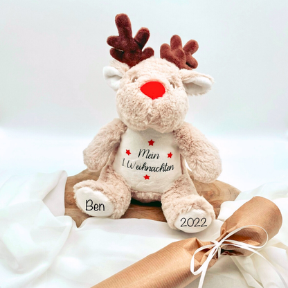 Kuscheltier Rentier personalisiert mit Name und Datum / Weihnachtsgeschenk - Kinder