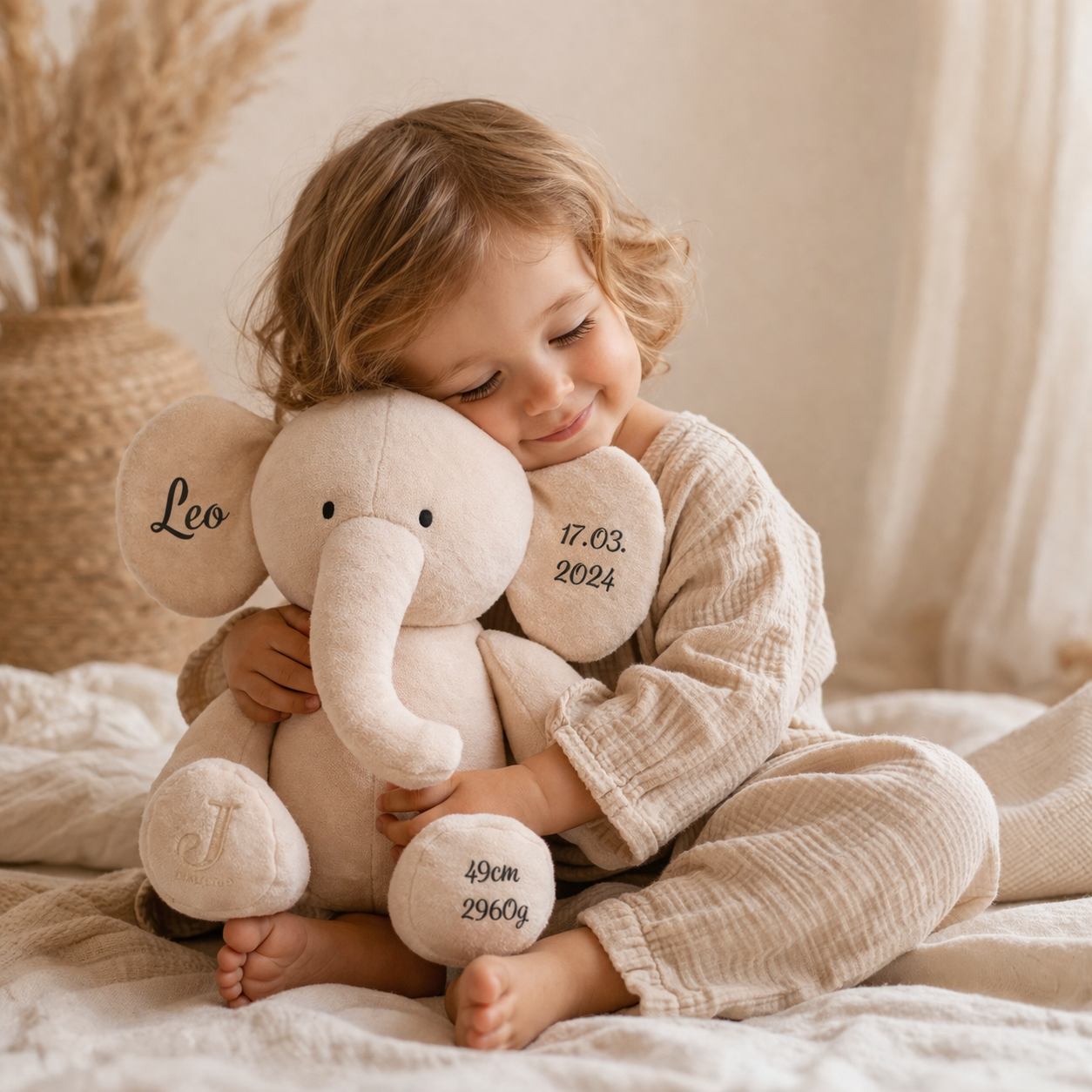 Kuscheltier mit Name Elefant mit Geburtsdaten, Persönliches Geschenk zur Geburt, Taufe oder Geburtstag 