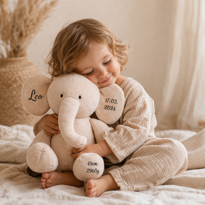 Kuscheltier mit Name Elefant mit Geburtsdaten, Persönliches Geschenk zur Geburt, Taufe oder Geburtstag 