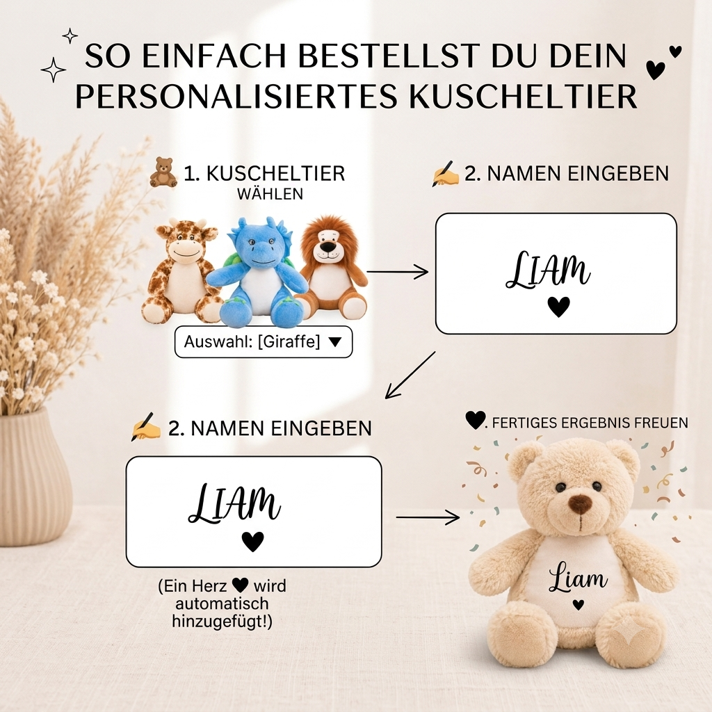 Personalisierung eines Kuscheltiers mit Namen und Herz – Kuscheltier auswählen, Wunschname eingeben und individuell bedrucken lassen