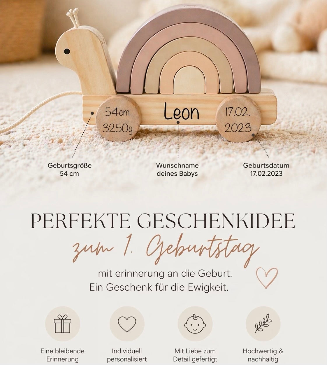Liebevoll gestaltetes Nachziehspielzeug aus Holz für Babys und Kleinkinder