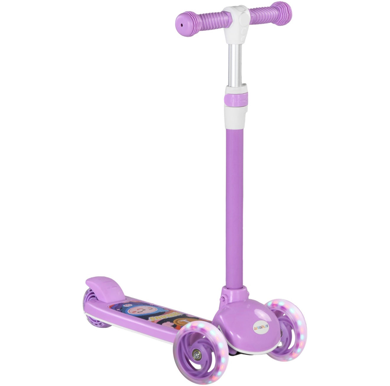 Lila Kinderroller mit personalisiertem Namenssticker Lia auf der Vorderstange. Dreirad-Roller für Mädchen mit LED-Leuchträdern, ideal als Geburtstagsgeschenk oder Weihnachtsgeschenk für Kinder.