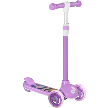 Lila Kinderroller mit personalisiertem Namenssticker Lia auf der Vorderstange. Dreirad-Roller für Mädchen mit LED-Leuchträdern, ideal als Geburtstagsgeschenk oder Weihnachtsgeschenk für Kinder.