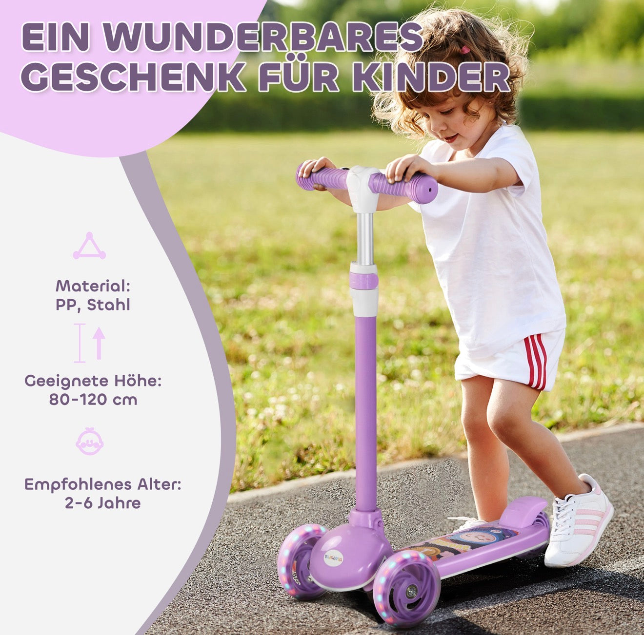 Individueller Kinderroller mit Wunschname Lia in weißer Schrift. Lila Roller für Mädchen mit höhenverstellbarem Lenker und leuchtenden Rädern für sicheren Fahrspaß.