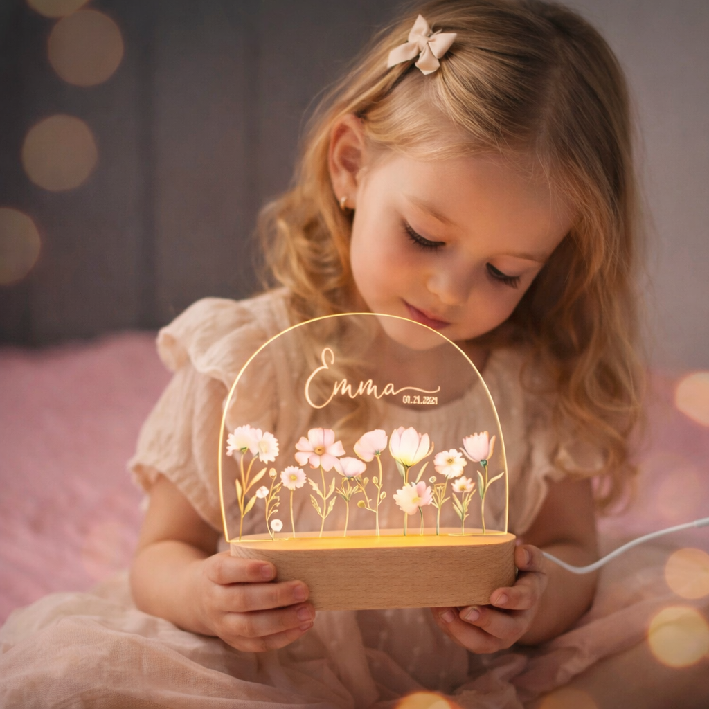 Mädchen hält personalisierte Nachtlampe mit Blumenmotiv und Namen Emma