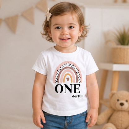 Mädchen trägt personalisiertes Onederful Shirt auf ihrer 1. Geburtstagsfeier